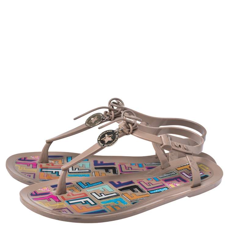 Pre Owned Fendi Beige Rubber Logo Charm Sunny Thong Flat Sandals Size 41