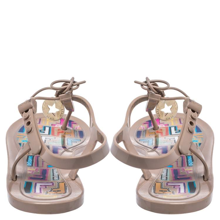 Pre Owned Fendi Beige Rubber Logo Charm Sunny Thong Flat Sandals Size 41
