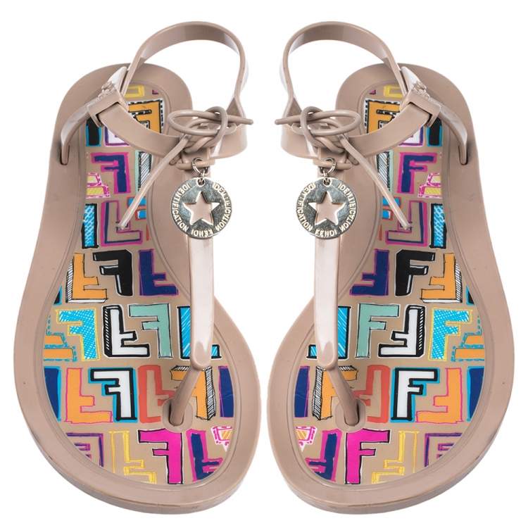 Pre Owned Fendi Beige Rubber Logo Charm Sunny Thong Flat Sandals Size 41