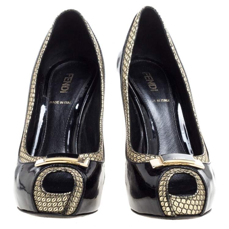Pre Owned Fendi Black Patent Leather And Gold Leather Trim Peep Toe Platform Pumps Size 36