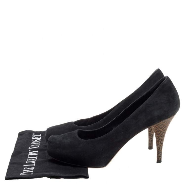 Pre Owned Fendi Black Suede Zucca Heel Platform Pumps Size 38