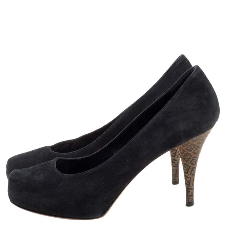 Pre Owned Fendi Black Suede Zucca Heel Platform Pumps Size 38