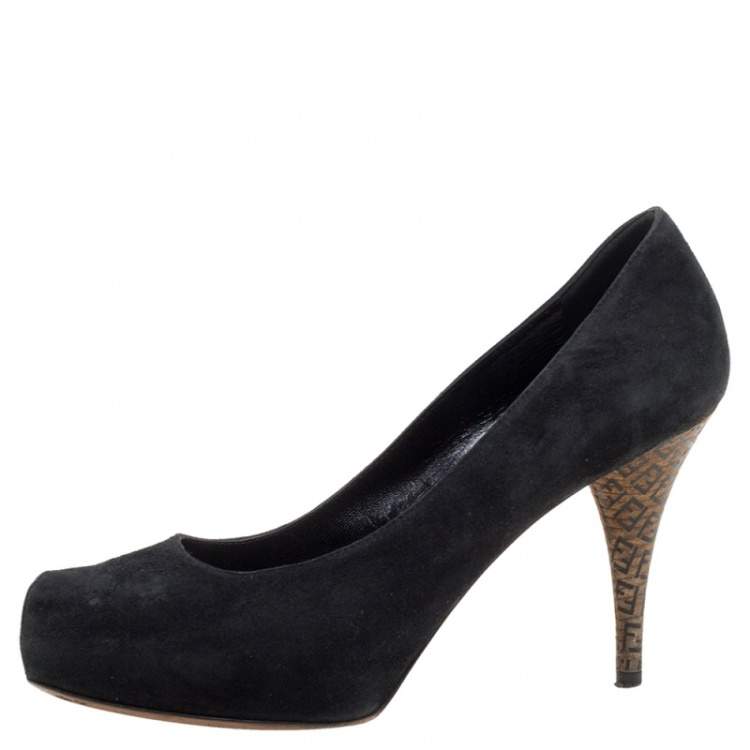 Pre Owned Fendi Black Suede Zucca Heel Platform Pumps Size 38