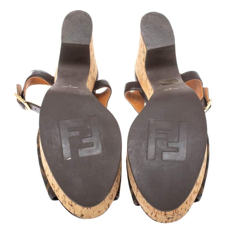 Pre Owned Fendi Tobacco Zucca Canvas Cork Platfrom Wedge Sandals Size 40