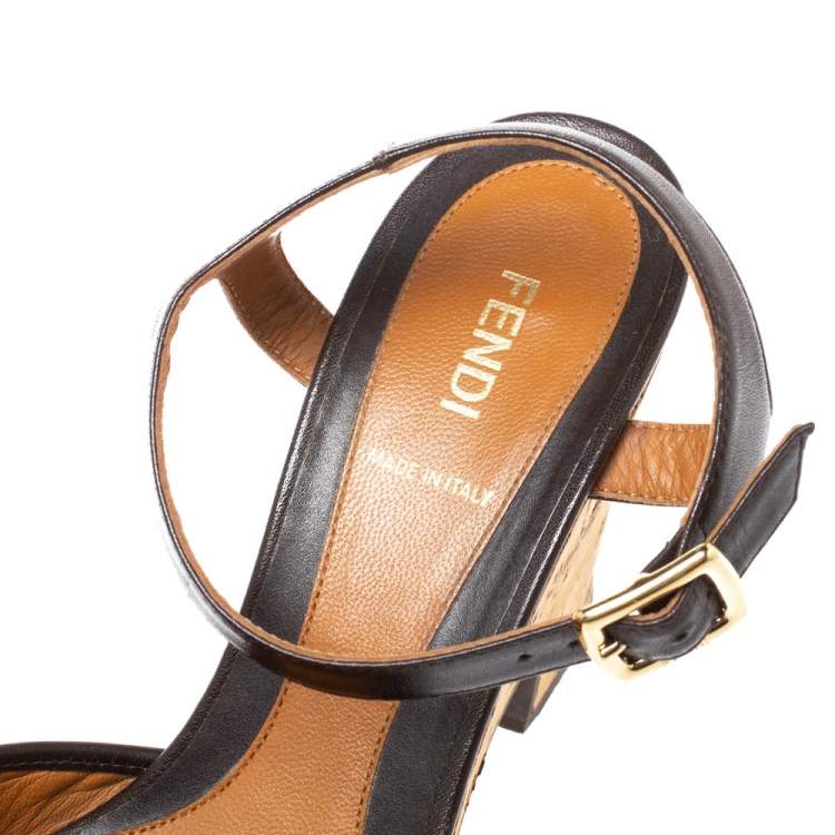 Pre Owned Fendi Tobacco Zucca Canvas Cork Platfrom Wedge Sandals Size 40