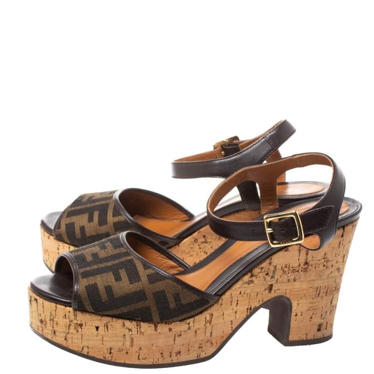 Pre Owned Fendi Tobacco Zucca Canvas Cork Platfrom Wedge Sandals Size 40