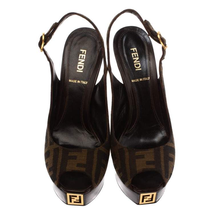 Pre Owned Fendi Tobacco Zucca Canvas Peep Toe Platform Sandals Size 35.5