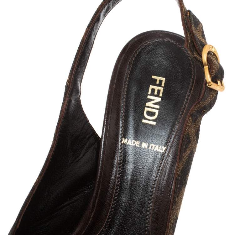 Pre Owned Fendi Tobacco Zucca Canvas Peep Toe Platform Sandals Size 35.5