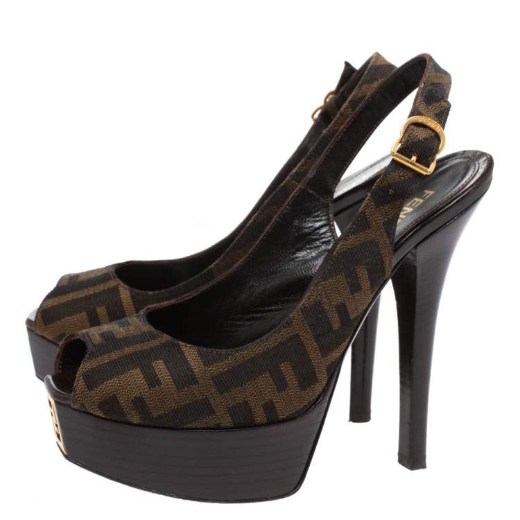 Pre Owned Fendi Tobacco Zucca Canvas Peep Toe Platform Sandals Size 35.5
