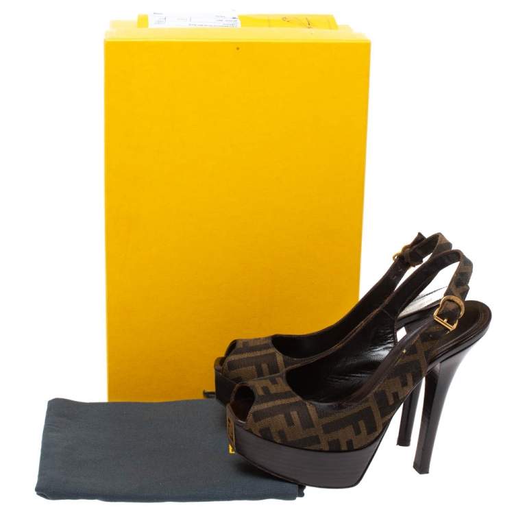Pre Owned Fendi Tobacco Zucca Canvas Peep Toe Platform Sandals Size 35.5