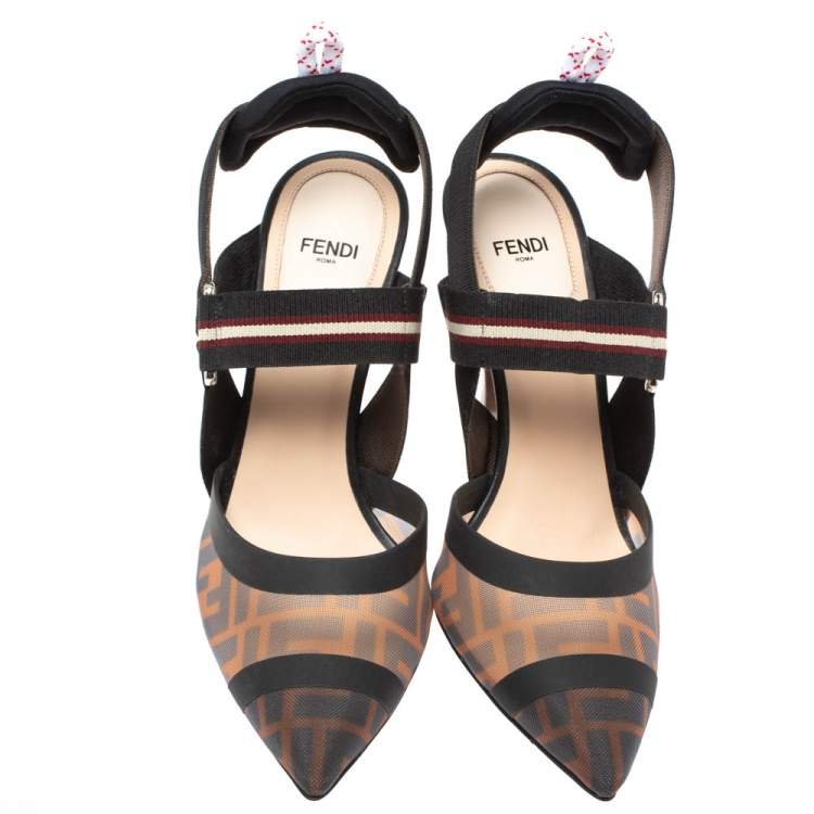 Pre Owned Fendi Black/Tobacco Zucca Mesh Colibri Slingback Pumps Size 38