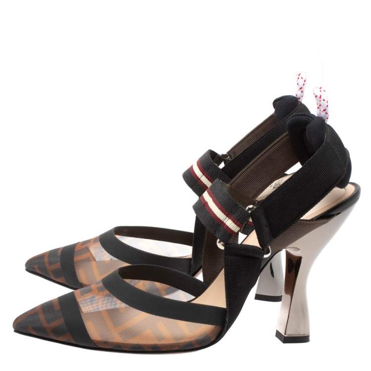 Pre Owned Fendi Black/Tobacco Zucca Mesh Colibri Slingback Pumps Size 38