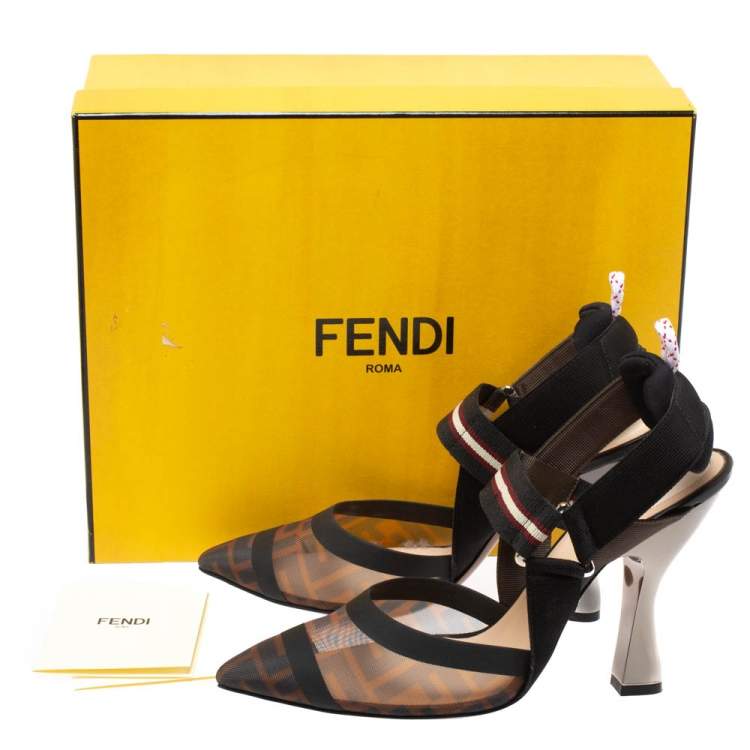 Pre Owned Fendi Black/Tobacco Zucca Mesh Colibri Slingback Pumps Size 38