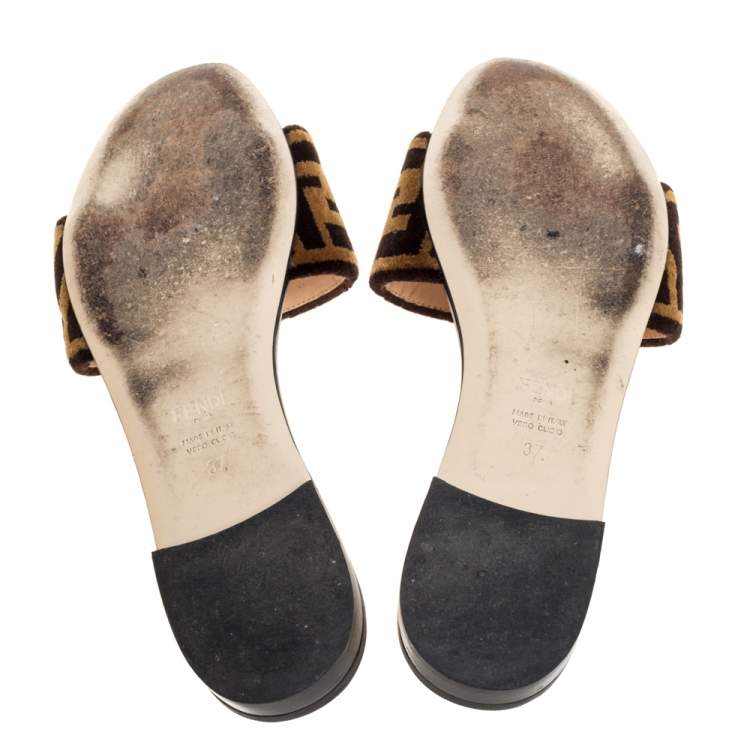 Pre Owned Fendi Black/Brown Zucca Velvet Slide Flats Size 37