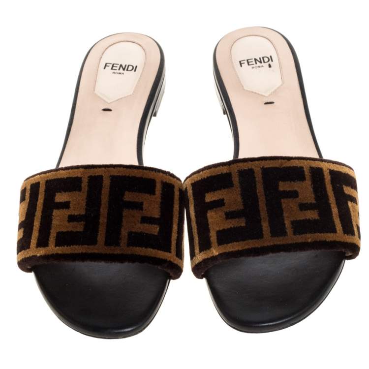 Pre Owned Fendi Black/Brown Zucca Velvet Slide Flats Size 37