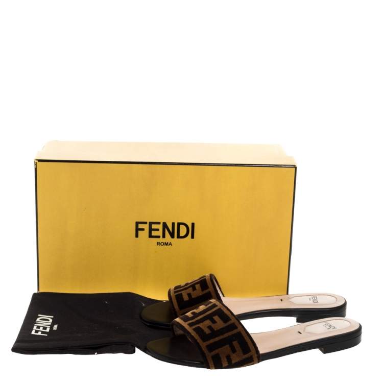 Pre Owned Fendi Black/Brown Zucca Velvet Slide Flats Size 37