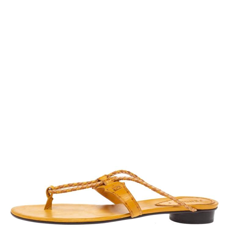 مملوكة مسبقًا Fendi Tan Logo Embossed Leather Braided Cord Strap Thong Sandals Size 41