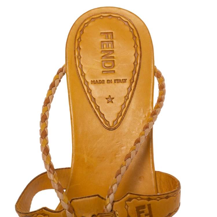 مملوكة مسبقًا Fendi Tan Logo Embossed Leather Braided Cord Strap Thong Sandals Size 41