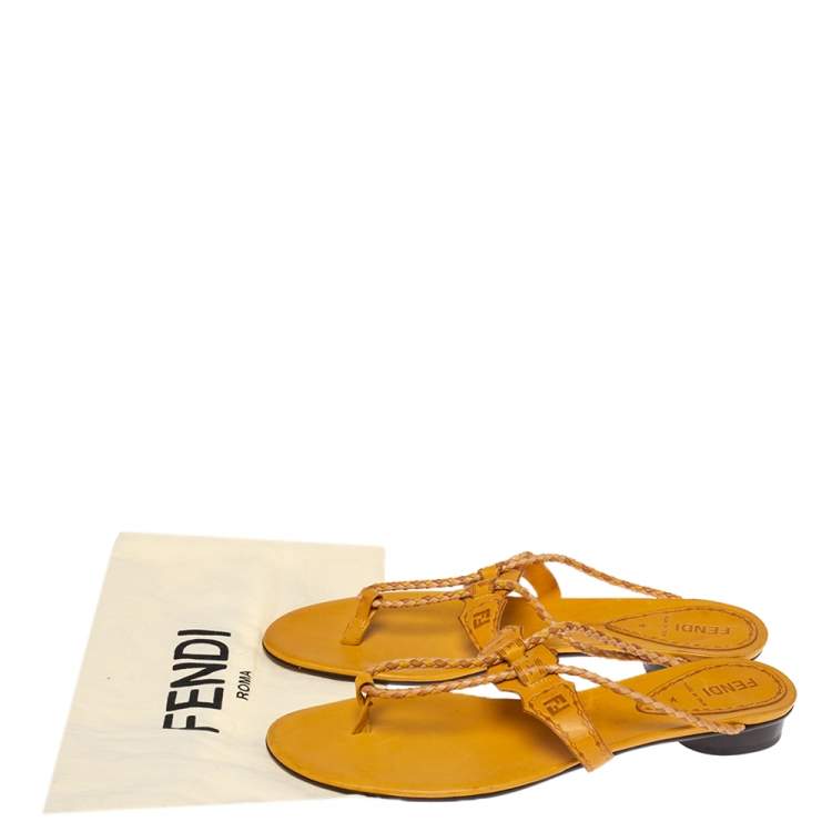 مملوكة مسبقًا Fendi Tan Logo Embossed Leather Braided Cord Strap Thong Sandals Size 41