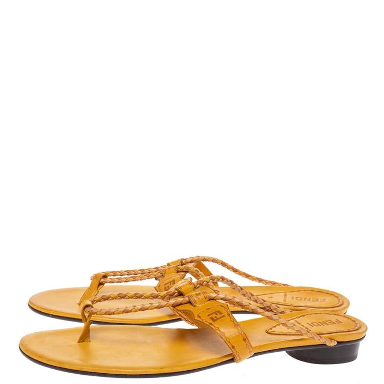 مملوكة مسبقًا Fendi Tan Logo Embossed Leather Braided Cord Strap Thong Sandals Size 41