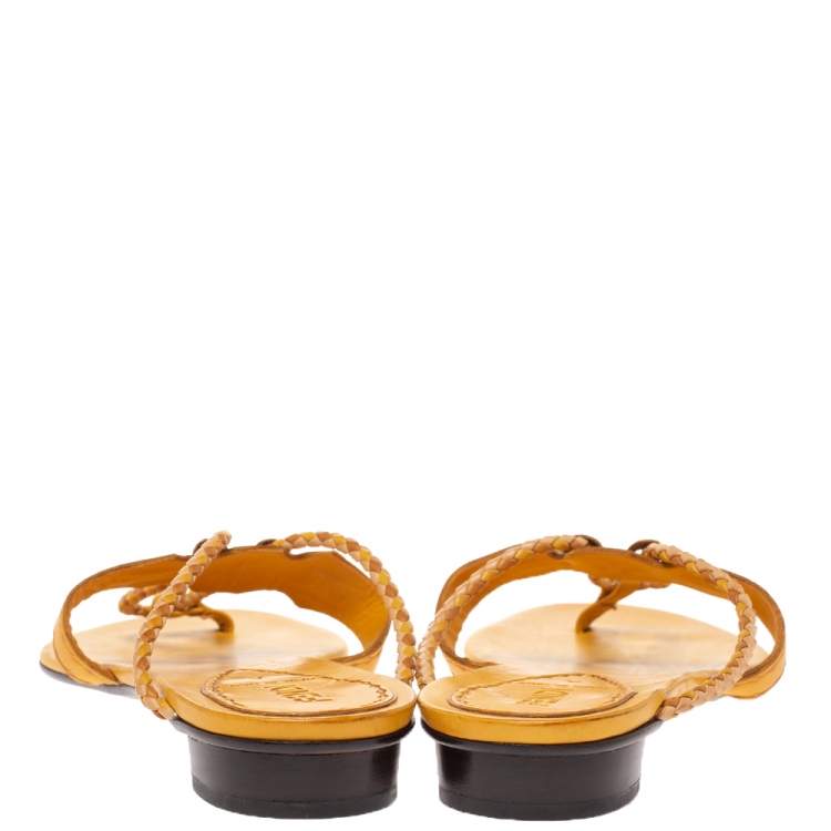 مملوكة مسبقًا Fendi Tan Logo Embossed Leather Braided Cord Strap Thong Sandals Size 41