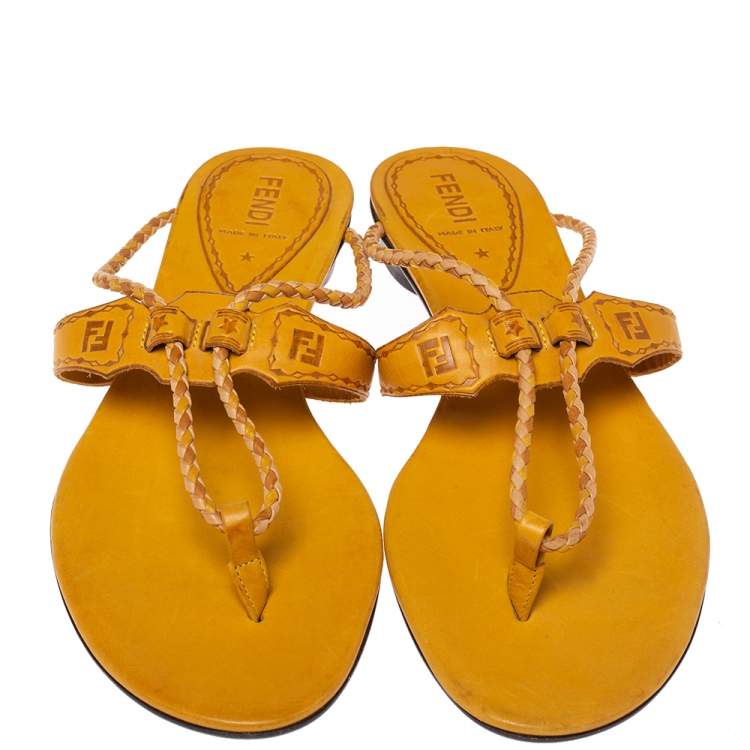 مملوكة مسبقًا Fendi Tan Logo Embossed Leather Braided Cord Strap Thong Sandals Size 41
