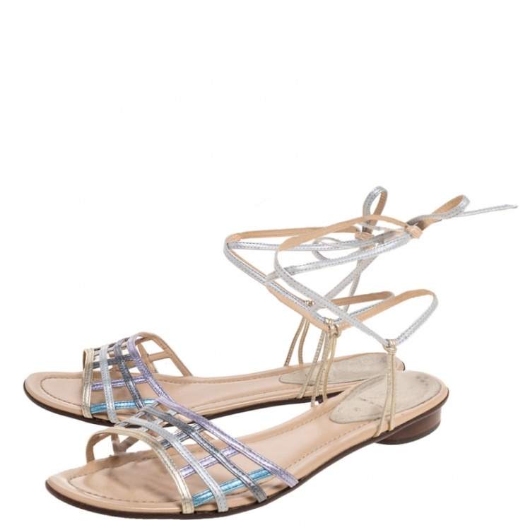 مملوكة مسبقًا Fendi Metallic Multicolor Leather Ankle Wrap Flat Sandals Size 41