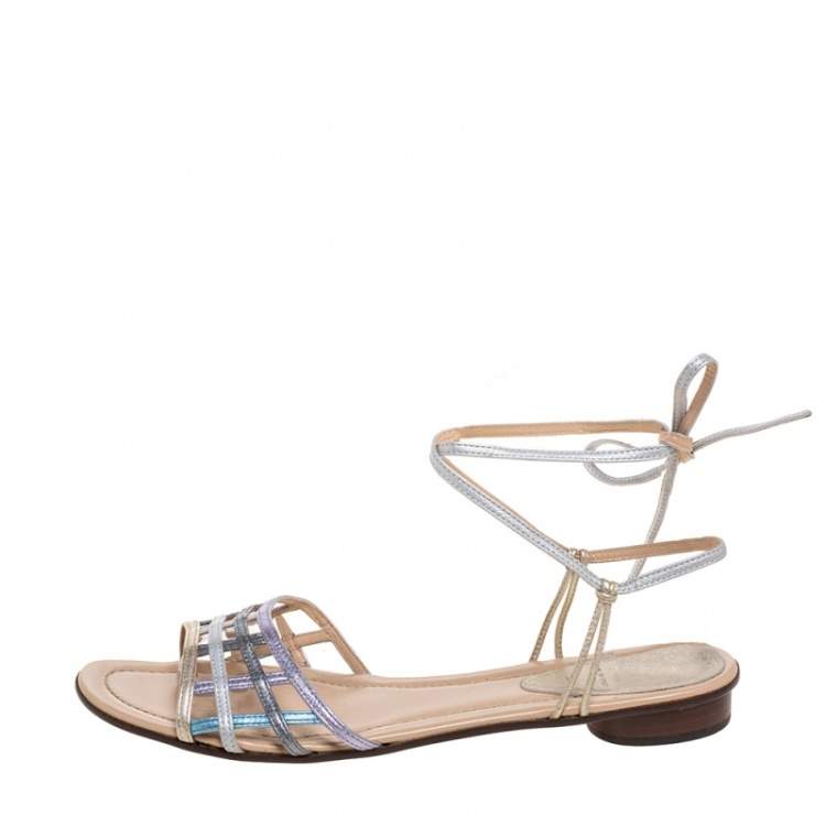 مملوكة مسبقًا Fendi Metallic Multicolor Leather Ankle Wrap Flat Sandals Size 41