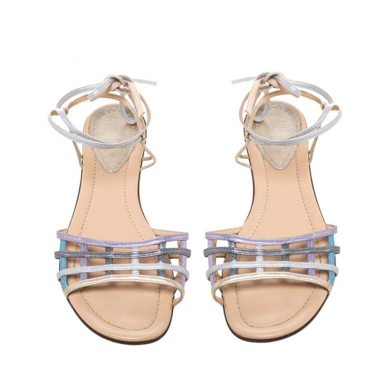 مملوكة مسبقًا Fendi Metallic Multicolor Leather Ankle Wrap Flat Sandals Size 41