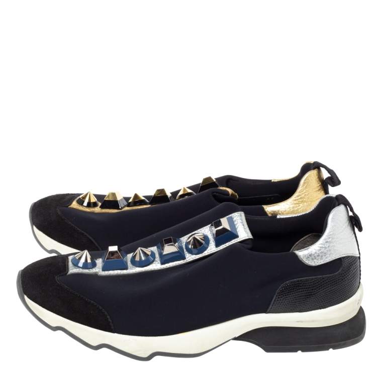 Pre Owned Fendi Black Neoprene Studded Slip On Sneakers Size 39