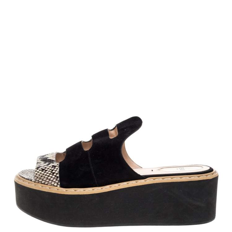 Pre Owned Fendi Black Suede And Beige Python Leather Cut Out Platform Flat Slides Size 39