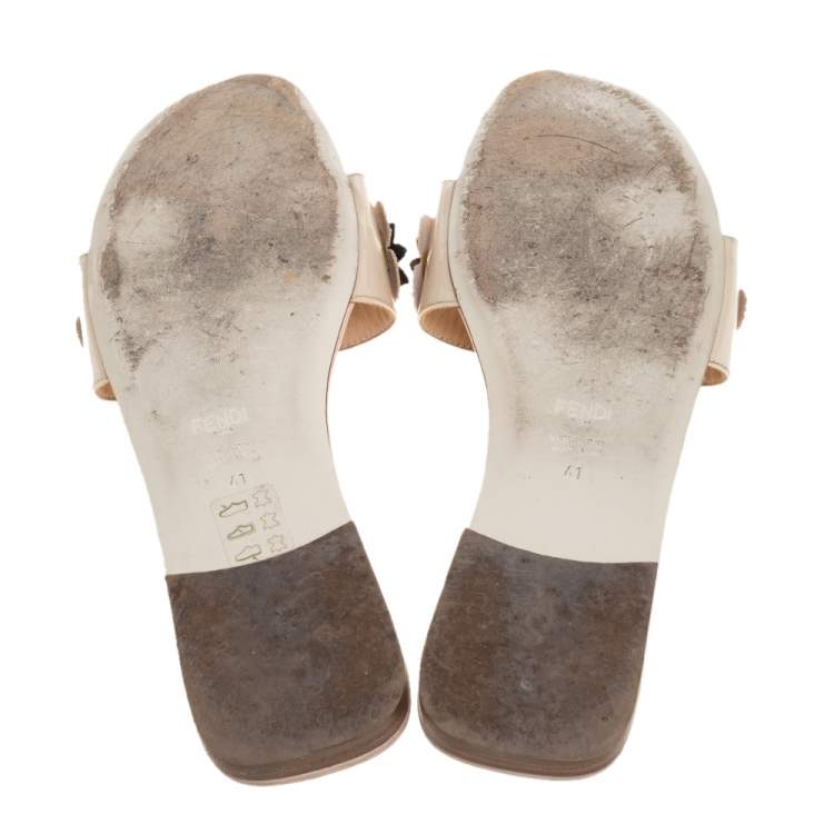 Pre Owned Fendi Cream Patent Leather Flower Embellished Flat Slides Size 41