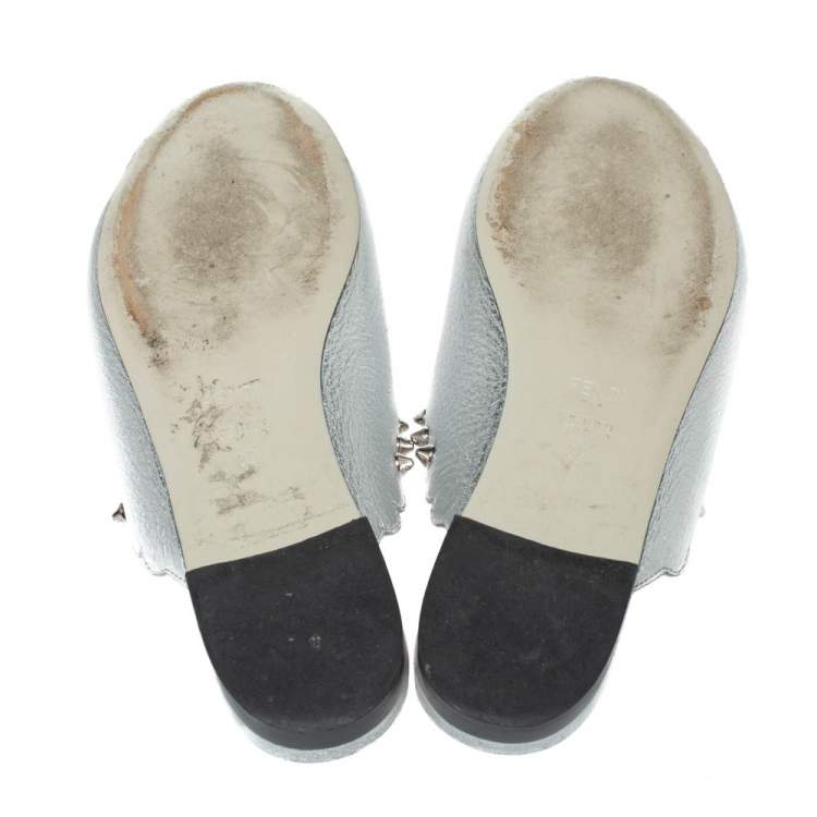 Pre Owned Fendi Silver Leather Studded Flat Slides Size 39