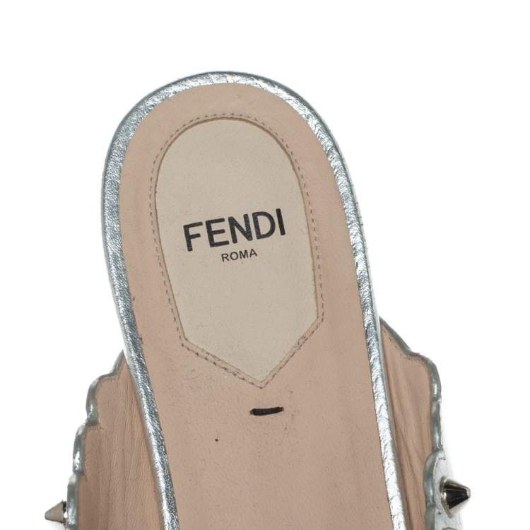 Pre Owned Fendi Silver Leather Studded Flat Slides Size 39