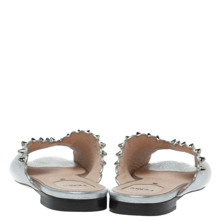 Pre Owned Fendi Silver Leather Studded Flat Slides Size 39