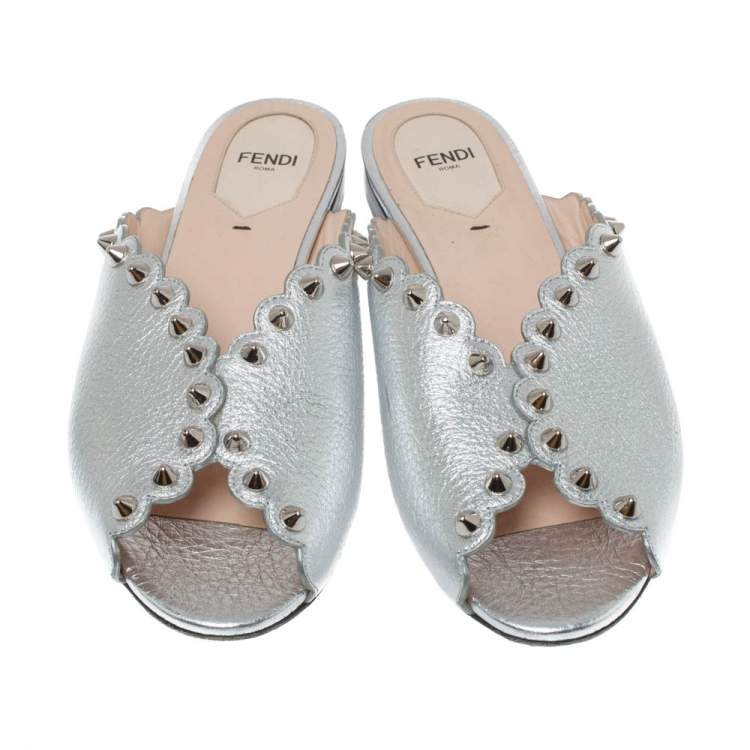 Pre Owned Fendi Silver Leather Studded Flat Slides Size 39