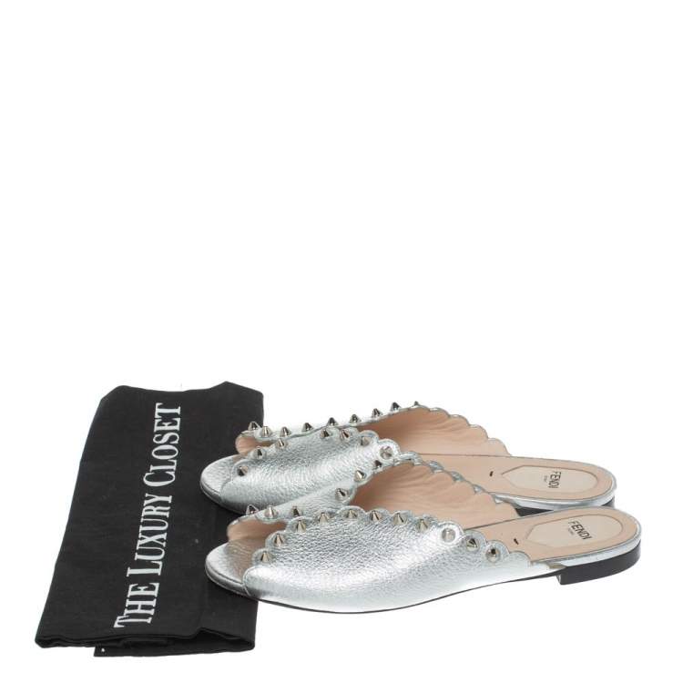 Pre Owned Fendi Silver Leather Studded Flat Slides Size 39