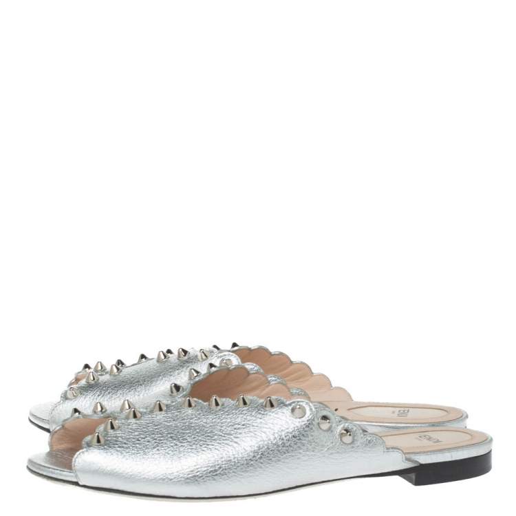 Pre Owned Fendi Silver Leather Studded Flat Slides Size 39