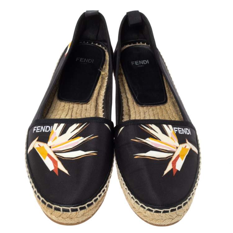 Pre Owned Fendi Black Printed Satin Espadrilles Flats Size 40