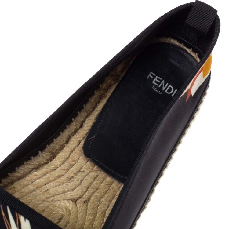 Pre Owned Fendi Black Printed Satin Espadrilles Flats Size 40