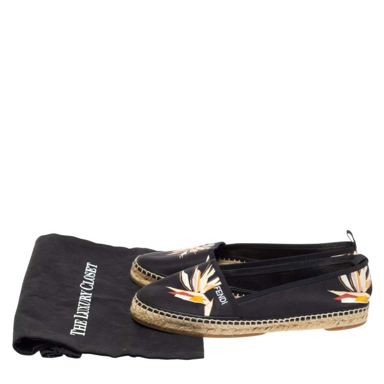 Pre Owned Fendi Black Printed Satin Espadrilles Flats Size 40