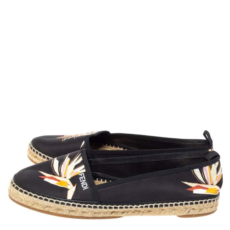 Pre Owned Fendi Black Printed Satin Espadrilles Flats Size 40