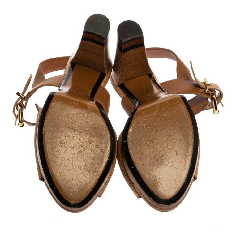 Pre Owned Fendi Brown Lizard Embossed Leather Platform Ankle Strap Sandals Size 39
