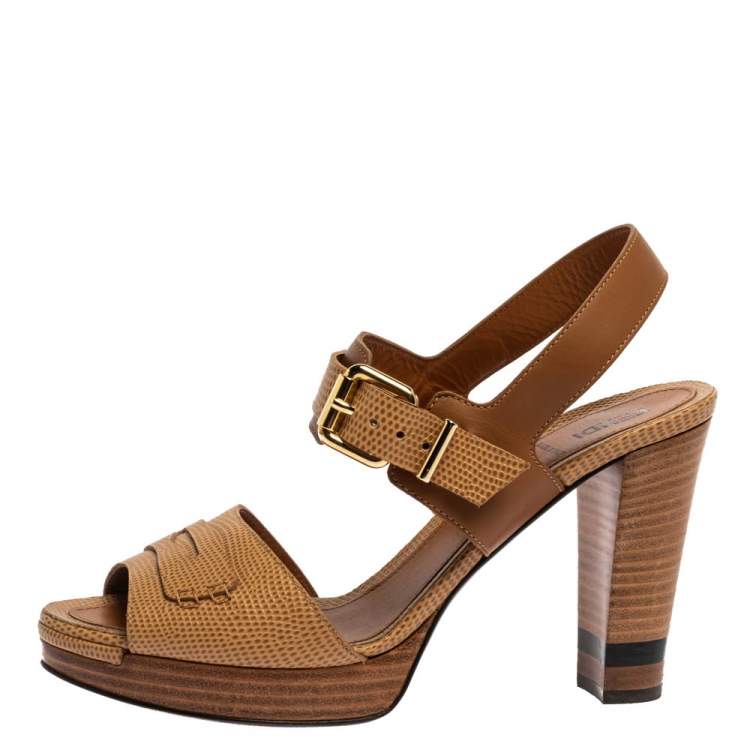 Pre Owned Fendi Brown Lizard Embossed Leather Platform Ankle Strap Sandals Size 39