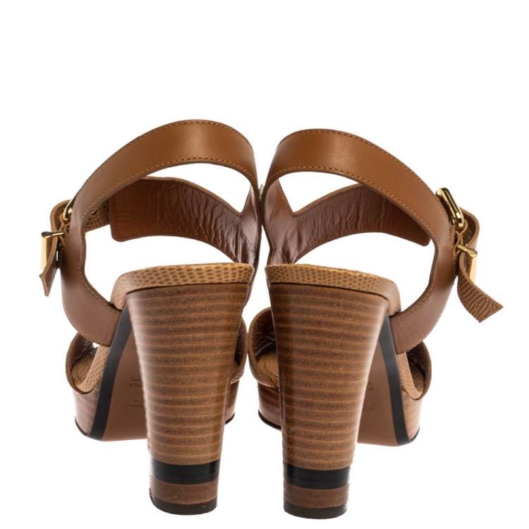 Pre Owned Fendi Brown Lizard Embossed Leather Platform Ankle Strap Sandals Size 39