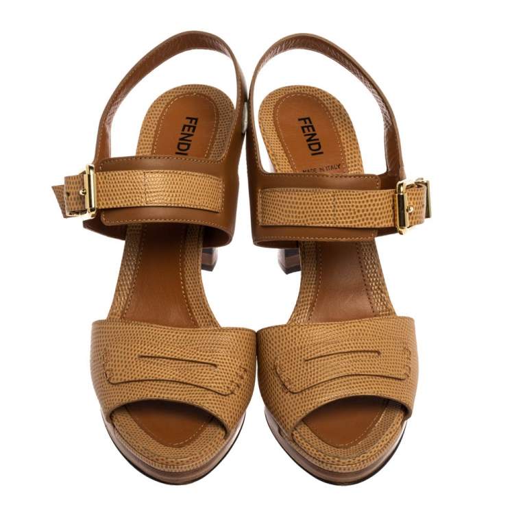 Pre Owned Fendi Brown Lizard Embossed Leather Platform Ankle Strap Sandals Size 39