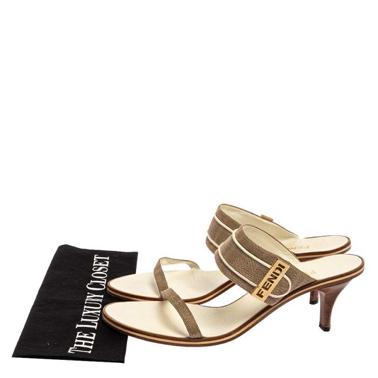 Pre Owned Fendi Beige FF Logo Canvas 'FENDI' Logo Embellished Slide Sandals Size 38.5