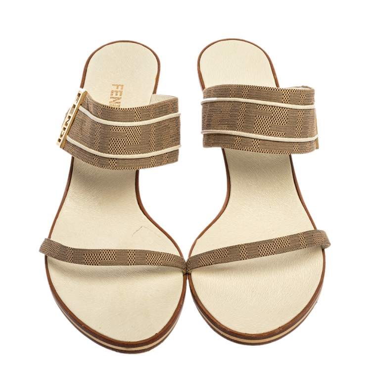 Pre Owned Fendi Beige FF Logo Canvas 'FENDI' Logo Embellished Slide Sandals Size 38.5