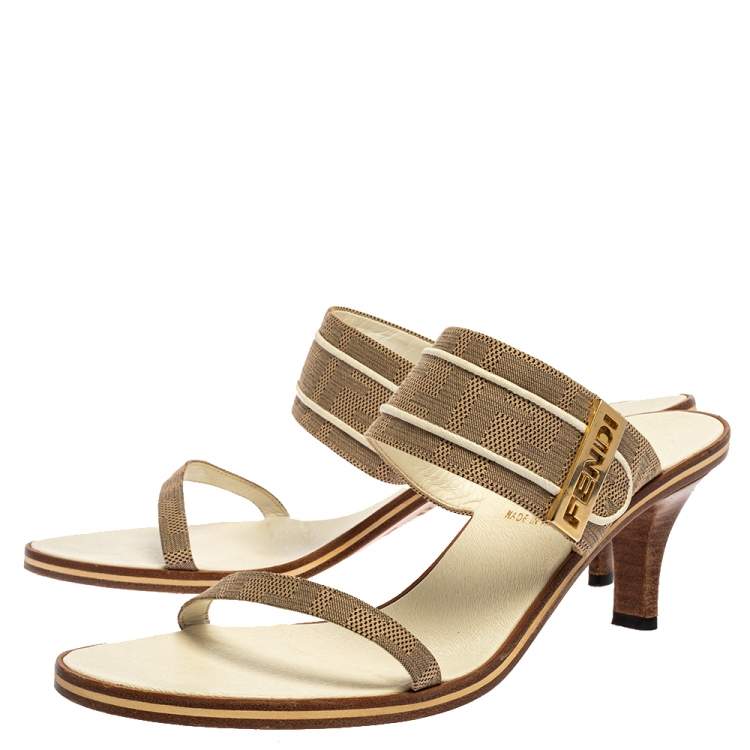 Pre Owned Fendi Beige FF Logo Canvas 'FENDI' Logo Embellished Slide Sandals Size 38.5