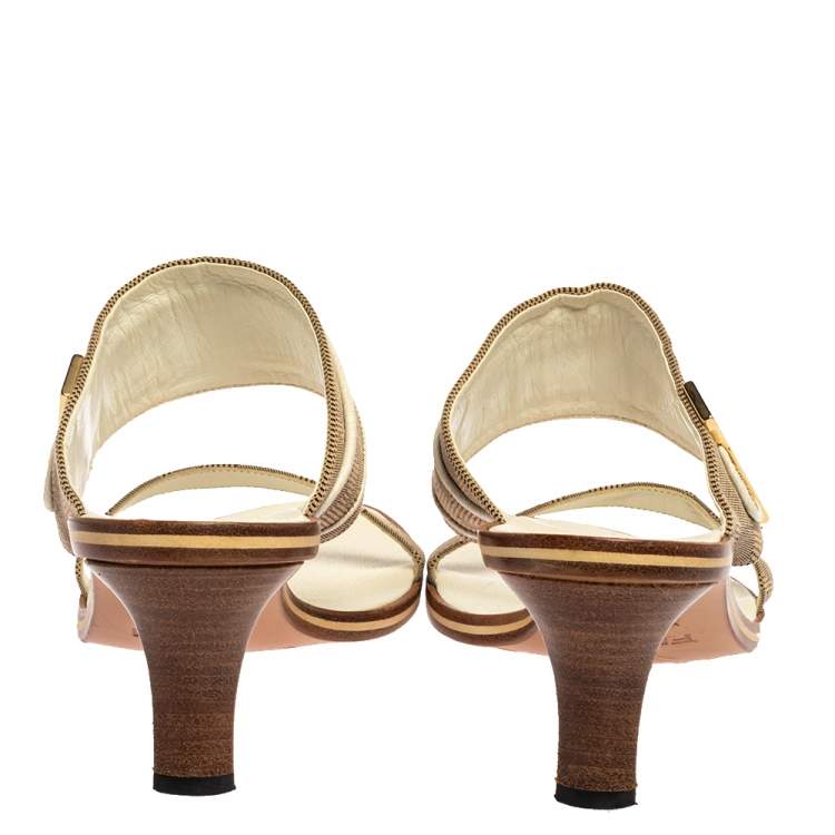 Pre Owned Fendi Beige FF Logo Canvas 'FENDI' Logo Embellished Slide Sandals Size 38.5